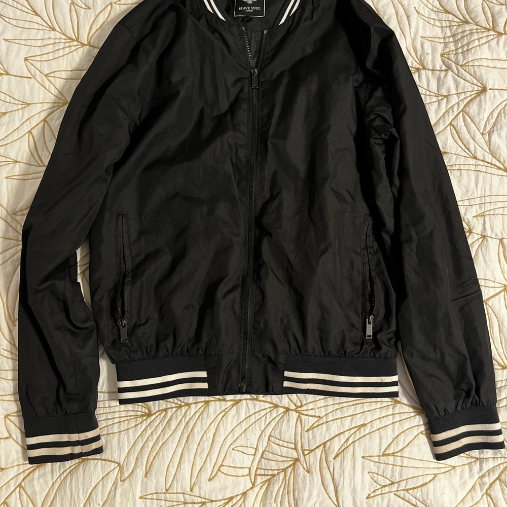 Brave Soul Black Bomber Jacket with Striped Accents
